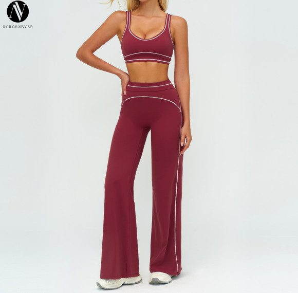 High-End Women's Running Workout Set 7028 - Color-Blocked Brushed Yoga Set with Double Shoulder Straps | OEM, ODM & Wholesale Options