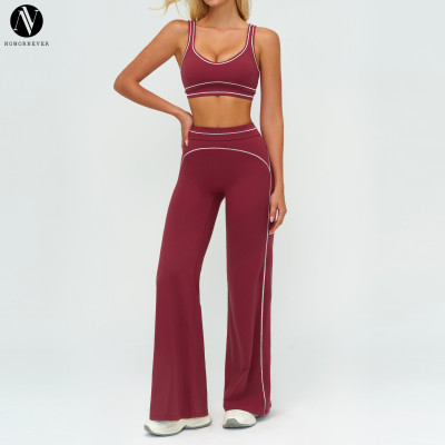 High-End Women's Running Workout Set 7028 - Color-Blocked Brushed Yoga Set with Double Shoulder Straps | OEM, ODM & Wholesale Options