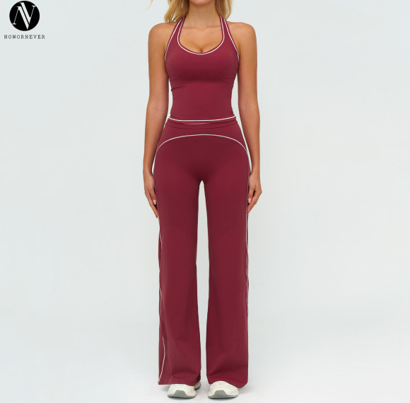 Women's High-Quality Color-Blocked Brushed Yoga Set with Double Shoulder Straps - Perfect for Running and Fitness | OEM, ODM & Wholesale Services