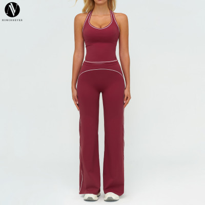 Women's High-Quality Color-Blocked Brushed Yoga Set with Double Shoulder Straps - Perfect for Running and Fitness | OEM, ODM & Wholesale Services