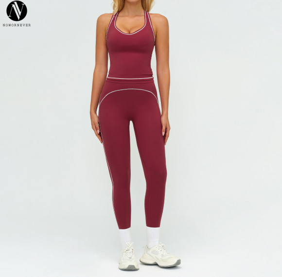 Premium Women's Running Workout Set - Color-Blocked Brushed Yoga Set with Double Shoulder Straps | Custom Activewear OEM, ODM & Sourcing Agents | Model 7028
