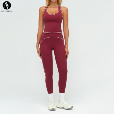 Premium Women's Running Workout Set - Color-Blocked Brushed Yoga Set with Double Shoulder Straps | Custom Activewear OEM, ODM & Sourcing Agents | Model 7028