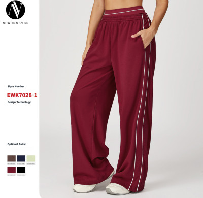 Color-blocked versatile athletic sweatpants, loose-fitting high-waisted straight-leg sweatpants with pockets, outdoor casual comfortable long pants 7028