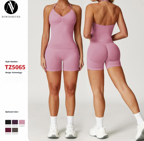 Cross-Border Women's Yoga Set | Seamless Halter Neck Tight-Fitting Pleated Sportswear | OEM & ODM Waist-Slimming Fitness Wear for Wholesale & Sourcing