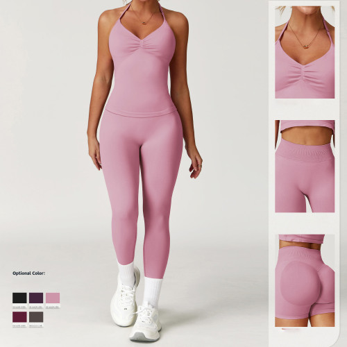 Cross-Border Women's Yoga Set | Seamless Halter Neck Tight-Fitting Pleated Sportswear | OEM & ODM Waist-Slimming Fitness Wear for Wholesale & Sourcing