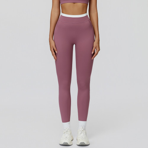 Wholesale OEM & ODM Women’s Sports Running Fitness Wear - European and American Nude Yoga Long Pants with Ribbed High-Waist and Color-Blocked Design 3129 for Bulk Buyers