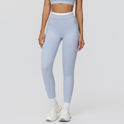 Wholesale OEM & ODM Women’s Sports Running Fitness Wear - European and American Nude Yoga Long Pants with Ribbed High-Waist and Color-Blocked Design 3129 for Bulk Buyers
