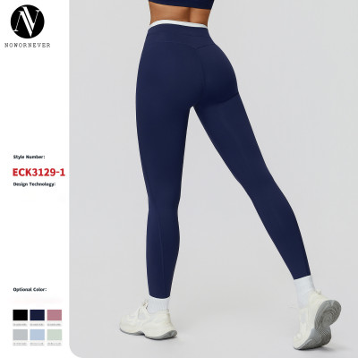 Wholesale OEM & ODM Women’s Sports Running Fitness Wear - European and American Nude Yoga Long Pants with Ribbed High-Waist and Color-Blocked Design 3129 for Bulk Buyers