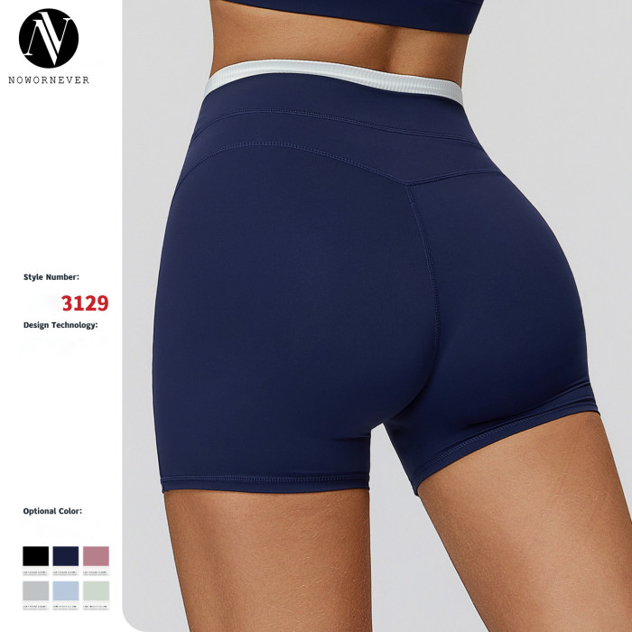 OEM & ODM Cross-Border Color-Blocked Nude-Feel Yoga Shorts - High-Waisted Ribbed Women's Sports Bottoms for Outdoor Running | Wholesale Activewear