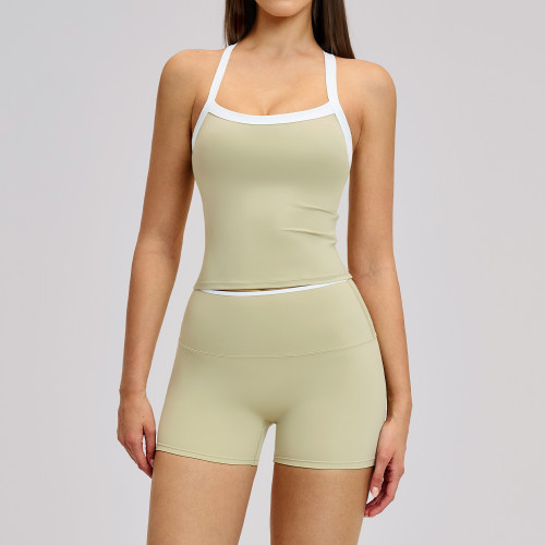 Nude-Feel Yoga Set for Women - Color-Blocked Cross-Back Tight-Fitting Running Sports Fitness Wear, Available for OEM, ODM & Wholesale Partnerships, 2027