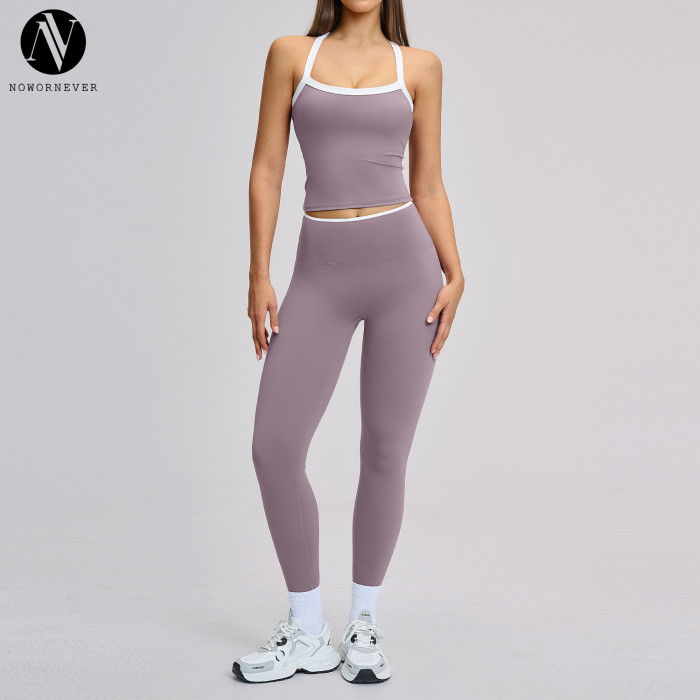 Women's Nude-Feel Yoga Set - Color-Blocked Cross-Back Design Tight-Fitting Activewear for Running & Fitness | OEM, ODM & Wholesale Options for Global Brands