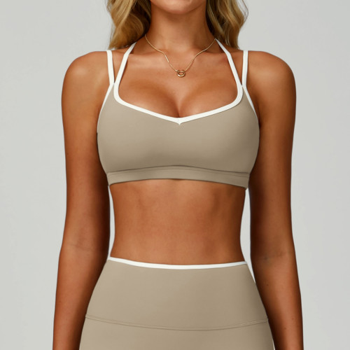 Customizable Color-Blocked Sports Bra in Nude Feel - Quick-Dry, Tight Fit Cross-Back Vest for Running & Gym - OEM/ODM & Wholesale Services Offered