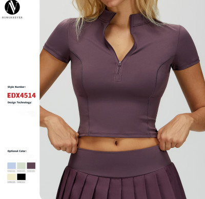 Wholesale OEM Nude Yoga Sports Top - Short-Sleeved, Stand-Up Collar, Zipper Design | Ideal for Outdoor Running & Fitness | ODM Solutions Available | Model 4514