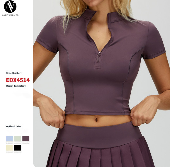 Wholesale OEM Nude Yoga Sports Top - Short-Sleeved, Stand-Up Collar, Zipper Design | Ideal for Outdoor Running & Fitness | ODM Solutions Available | Model 4514