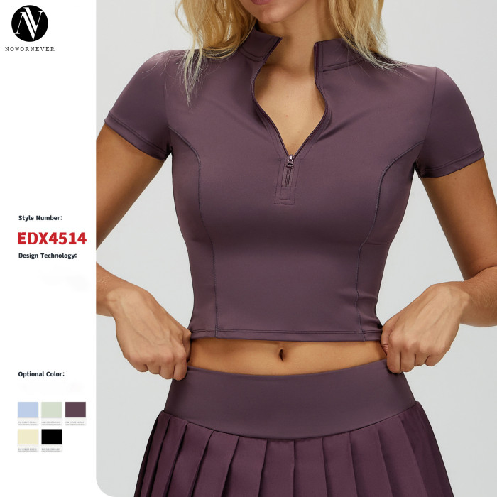 Wholesale OEM Nude Yoga Sports Top - Short-Sleeved, Stand-Up Collar, Zipper Design | Ideal for Outdoor Running & Fitness | ODM Solutions Available | Model 4514