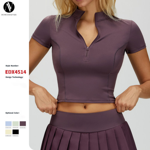 Wholesale OEM Nude Yoga Sports Top - Short-Sleeved, Stand-Up Collar, Zipper Design | Ideal for Outdoor Running & Fitness | ODM Solutions Available | Model 4514