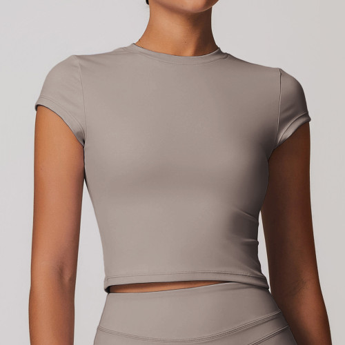 European and American style women's sports yoga wear, brushed tight-fitting backless yoga short-sleeved running fitness T-shirt top 8863