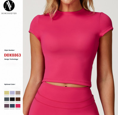 European and American style women's sports yoga wear, brushed tight-fitting backless yoga short-sleeved running fitness T-shirt top 8863