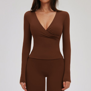 Custom Women's Long-Sleeved V-Neck Running T-Shirts - Spring & Autumn Pilates Training Wear, OEM & ODM Solutions for Global Brands & Wholesalers