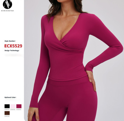 Custom Women's Long-Sleeved V-Neck Running T-Shirts - Spring & Autumn Pilates Training Wear, OEM & ODM Solutions for Global Brands & Wholesalers