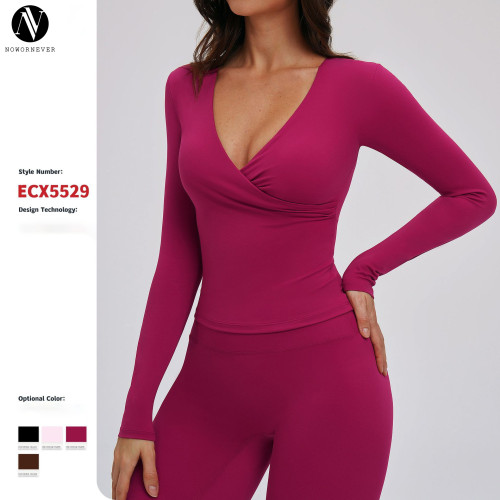 Custom Women's Long-Sleeved V-Neck Running T-Shirts - Spring & Autumn Pilates Training Wear, OEM & ODM Solutions for Global Brands & Wholesalers
