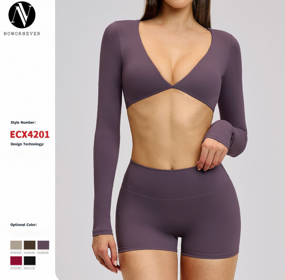 Women's Casual Cross-Border Yoga Long-Sleeved T-Shirt - V-Neck Fashion Sports Top for Outdoor Fitness & Running, OEM/ODM Manufacturing for Wholesalers (Model 4201)