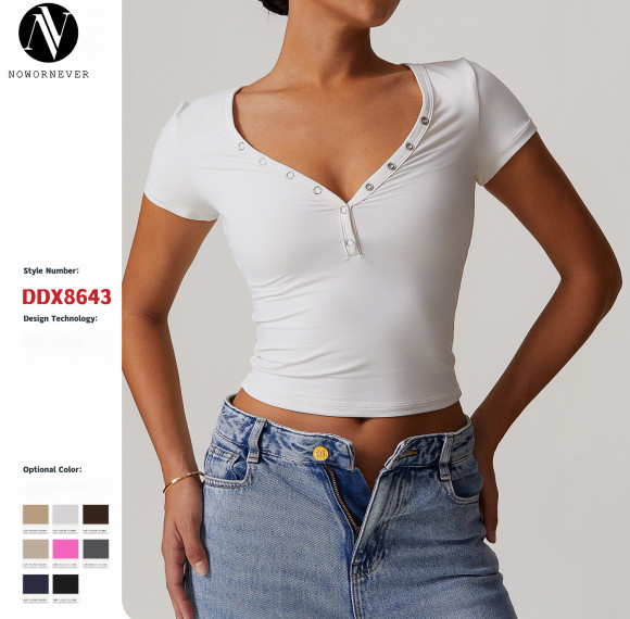 Brushed Breathable Yoga V-Neck T-Shirt Top 8643 for OEM & ODM | Clearance Sale - Non-Refundable, Non-Exchangeable | Sports Fitness Apparel Supplier
