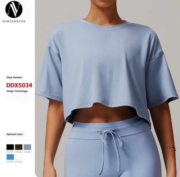 Wholesale Brushed Short-Sleeve Fitness Top | European & American Style Round Neck T-shirt for Running & Yoga | OEM, ODM Manufacturing Solutions 5034