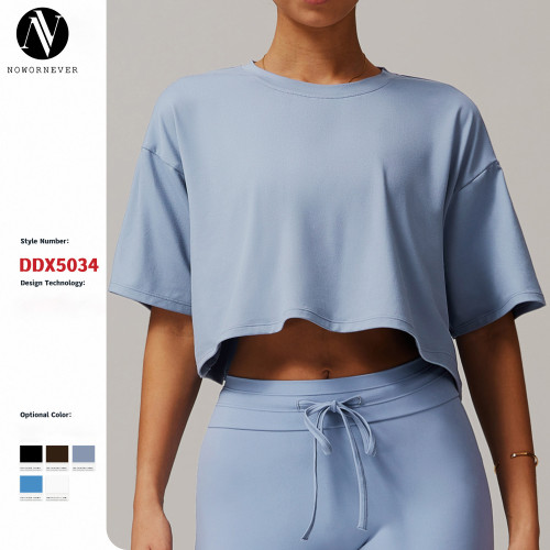 Wholesale Brushed Short-Sleeve Fitness Top | European & American Style Round Neck T-shirt for Running & Yoga | OEM, ODM Manufacturing Solutions 5034