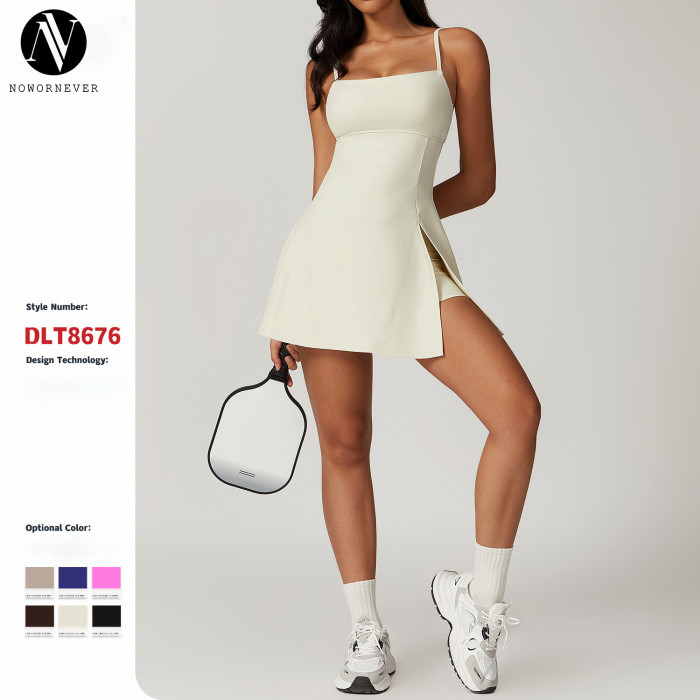 Wholesale Anti-Exposure Base Layer Sports Dress with Built-In Bra Pads, Ideal for Outdoor Golf & Yoga | Breathable Back-Beautifying Tennis Skirt - OEM/ODM Style 8676