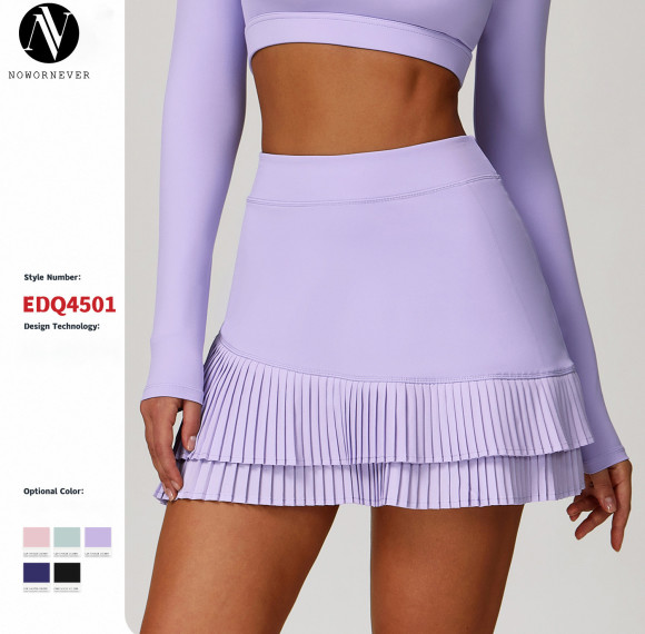 OEM & ODM Cross-Border Sports Mini Skirt - High Waist, Tummy Wrap Design with Pleated Hem & Anti-Exposure Base Layer Shorts, Pocket Included - Style 4501 for Bulk Wholesale Sourcing Agents