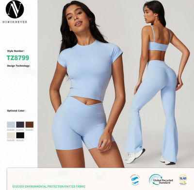 Women's Eco-Friendly Yoga Set - Slim-Fit Quick-Dry Recycled Polyamide/Nylon & Back-Beautifying Sports Short-Sleeve Outerwear, Style 8799 | OEM, ODM, and Wholesale Options Available