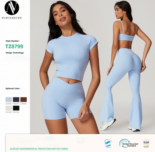 Women's Eco-Friendly Yoga Set - Slim-Fit Quick-Dry Recycled Polyamide/Nylon & Back-Beautifying Sports Short-Sleeve Outerwear, Style 8799 | OEM, ODM, and Wholesale Options Available