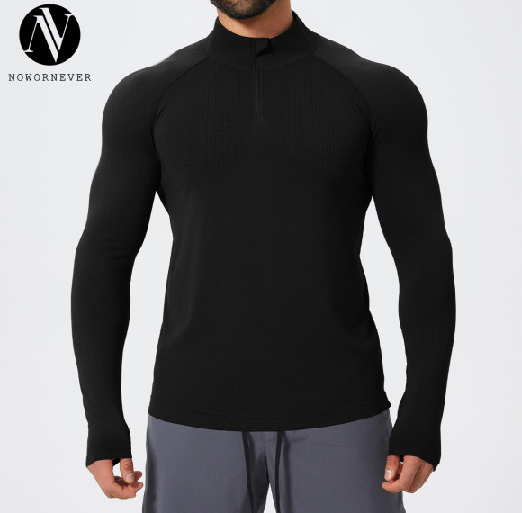 Men's Stand Collar Seamless Long Sleeve Sports T-Shirt 1058-1 | OEM & ODM Available | Moisture Wicking Zip Top for Gym, Running & Football - Wholesale Activewear Solutions