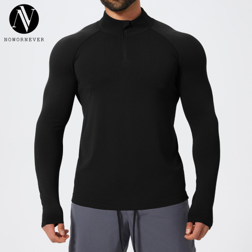 Men's Stand Collar Seamless Long Sleeve Sports T-Shirt 1058-1 | OEM & ODM Available | Moisture Wicking Zip Top for Gym, Running & Football - Wholesale Activewear Solutions