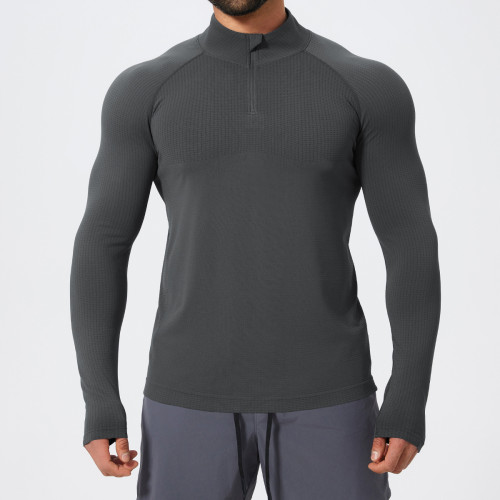 Men's Stand Collar Seamless Long Sleeve Sports T-Shirt 1058-1 | OEM & ODM Available | Moisture Wicking Zip Top for Gym, Running & Football - Wholesale Activewear Solutions