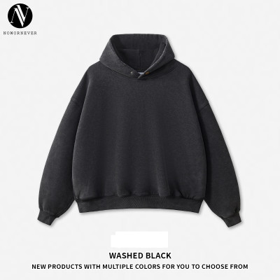 OEM & ODM Boxy Fit Cross-Border 350G Fleece Collar Button Washed Hoodie - Item No. M8305, American Style Distressed Hoodie for Bulk Wholesale & Sourcing Agents