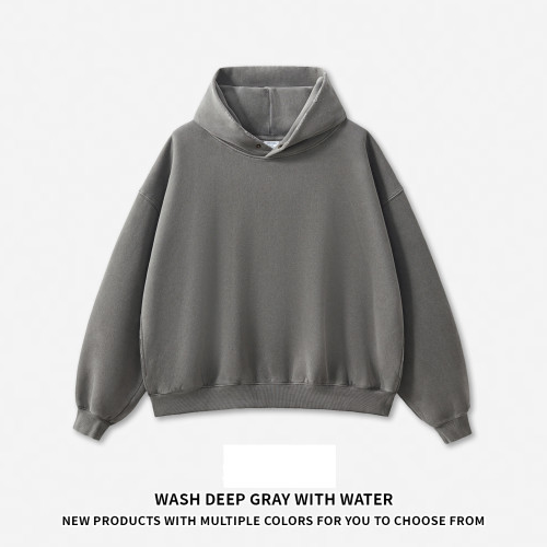 OEM & ODM Boxy Fit Cross-Border 350G Fleece Collar Button Washed Hoodie - Item No. M8305, American Style Distressed Hoodie for Bulk Wholesale & Sourcing Agents