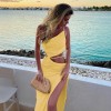 2024 Hot Selling European & American Diagonal Collar Slip Dress Women Sexy Lace Up Hollow Out Long Dress Slit Dress Item No.23138