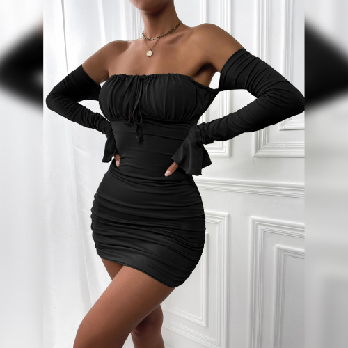 2024 Autumn Winter Hot Selling Cross-border Women's Long Sleeve Dress European and American Sexy Off-the-shoulder Strapless Lace Up Bodycon Flare Sleeve Dress Item No.ZY21809