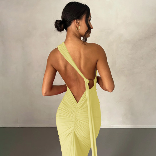 2026 Summer New Arrival Women's Dress - Sexy Backless Ruched Slim Fit Maxi Dress | OEM & ODM for Wholesale, Sourcing Agents | Solid Color Sleeveless Design - Item No.D3312176A