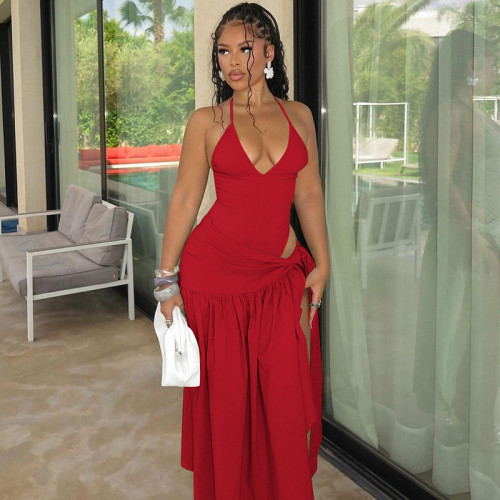 2025 Spring Summer New Arrival European & American Fashion Sexy Backless Bodysuit Slim Lace Up Midi Skirt Set Wholesale Item No.S4817189A