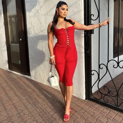 OEM & ODM Women's 2025 Y2K Chest Tie Crop Top & Slim Solid Color Shorts Set - Wholesale Activewear for Fashion Brands and Sourcing Agents - Item No. S4A17684A