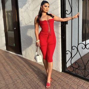 OEM & ODM Women's 2025 Y2K Chest Tie Crop Top & Slim Solid Color Shorts Set - Wholesale Activewear for Fashion Brands and Sourcing Agents - Item No. S4A17684A