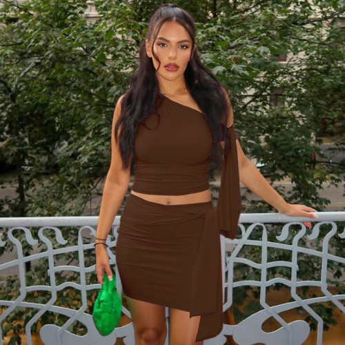 OEM & ODM Wholesale - 2026 Summer New Arrival European & American Women's Fashion Diagonal Collar Tie Up Top & Slim Ruched Skirt Set - Item No. S5418865A - Perfect for Activewear & Fashion Clothing