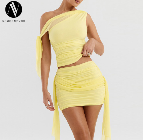 OEM & ODM 2024 Women's Fashion Casual Two-Piece Set - Cross-border Hot Selling European & American Sexy Ruched Slim Mini Skirt with Mesh Patchwork (Item No. 23098) for Wholesalers and Sourcing Agents