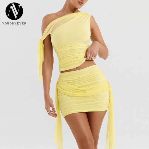 OEM & ODM 2024 Women's Fashion Casual Two-Piece Set - Cross-border Hot Selling European & American Sexy Ruched Slim Mini Skirt with Mesh Patchwork (Item No. 23098) for Wholesalers and Sourcing Agents