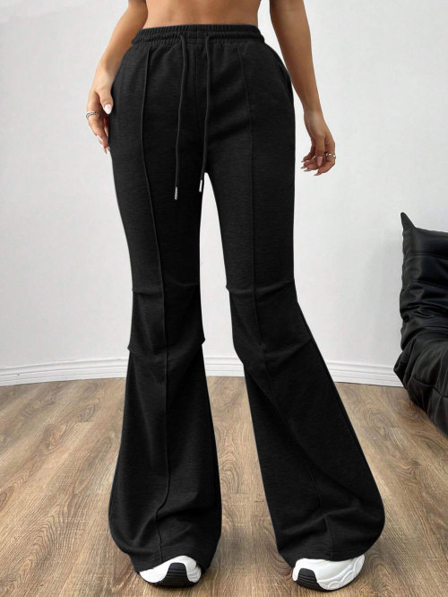 EPEH0660 Women's Drawstring Elastic Waist Wide Leg Pants Casual Commuter Trousers