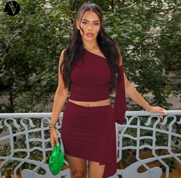 OEM & ODM Wholesale - 2026 Summer New Arrival European & American Women's Fashion Diagonal Collar Tie Up Top & Slim Ruched Skirt Set - Item No. S5418865A - Perfect for Activewear & Fashion Clothing