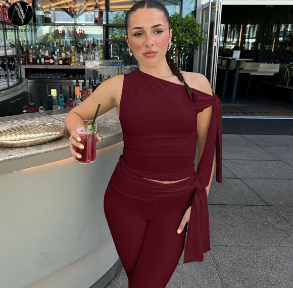 2025 Summer New Arrival: European & American Fashion Streetwear Asymmetrical Neck Sleeveless Top & Slim Lace Up Culottes Set - OEM/ODM Wholesale Item No.S4516570A for Sourcing Agents and Bulk Buyers